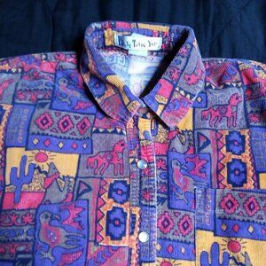 Vintage Please Thank You Southwest Corduroy Western Pearl Snap Shirt